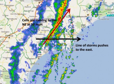 A radar image showing a line of thunderstorms making its way to the Cape Fear coast. Image courtesy National Weather Service.