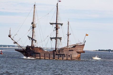 Residents and tourists gathered at the Southport waterfront Friday to watch the tall ship El Galeon en route to Wilmington. Photo courtesy Harley Martin.