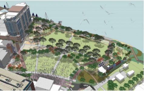 Conceptual drawing of the proposed park, with the venue at the bottom. On the upper left, a proposed hotel and office space that would also provide parking for the downtown area, according to Wilmington's master plan.