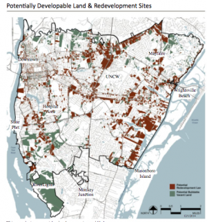 A map of the areas in Wilmington with potential for development (Port City Daily photo/ COURTESY CITY OF WILMINGTON)