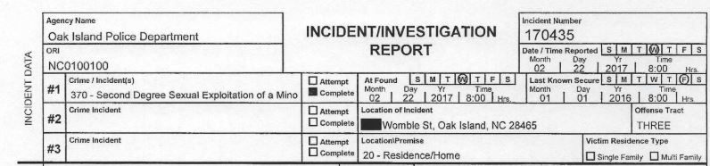 A public record redacted by Oak Island Brian Edes to remove the street number of the location of the crime. The redacted address is the mailing address of Oak Island Mayor Cynthia Brochure. (Port City Daily photo / Courtesy Oak Island)