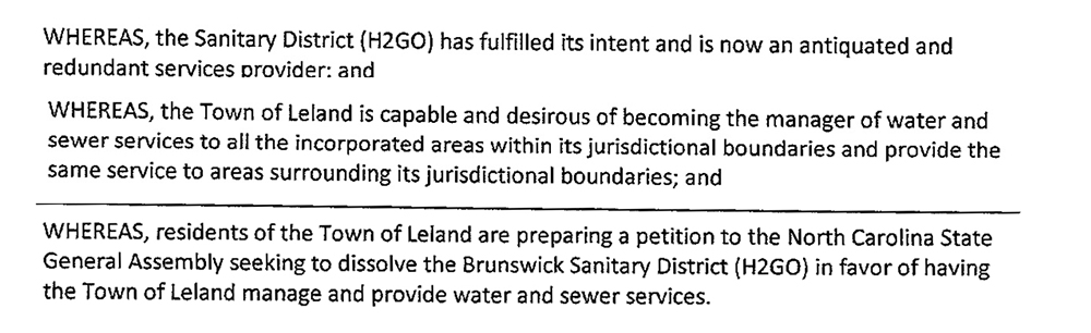 Excerpts from a May 2015 resolution, passed by the Town of Leland, show the town's intention to dissolve H2GO, and take over the utility's assets, customers and debts. (Port City Daily photo/Courtesy Town of Leland)