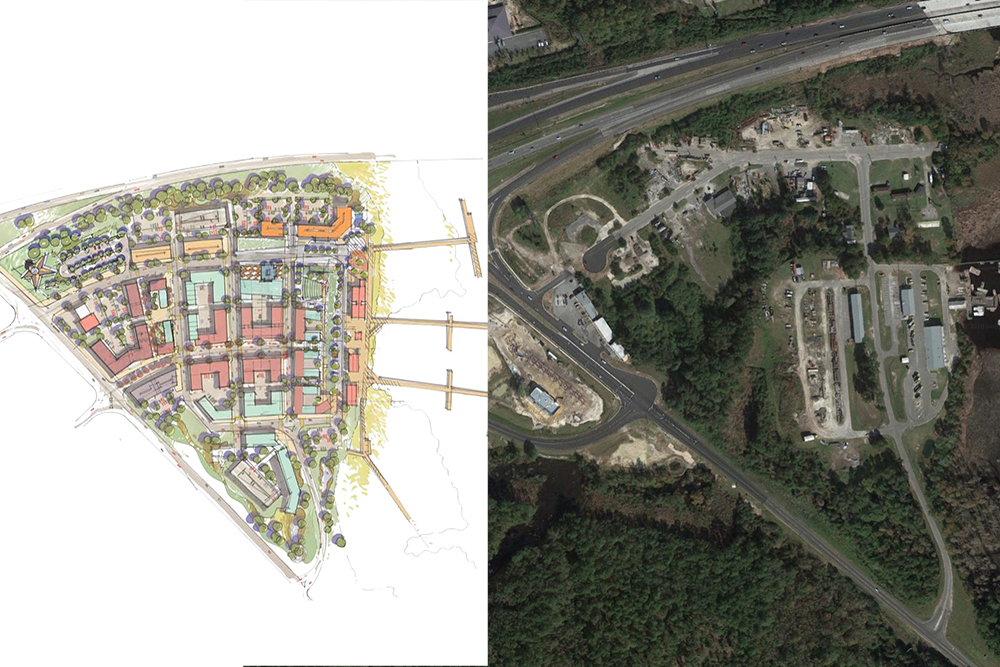 Urban Smart Growth's $200 million redevelopment plans, left, compared to Google Maps satellite imagery of the riverfront Belville site. (Port City Daily/Courtesy Urban Smart Growth and Google Maps)