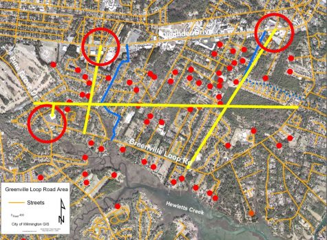 This map of the Greenville Loop area shows cul-de-sacs as red dots, and "ideal" collector streets as yellow lines. The collector streets were impossible to build due to pre-existing development lay-out. (Port City Daily photo / Courtesy Wayne Clark)