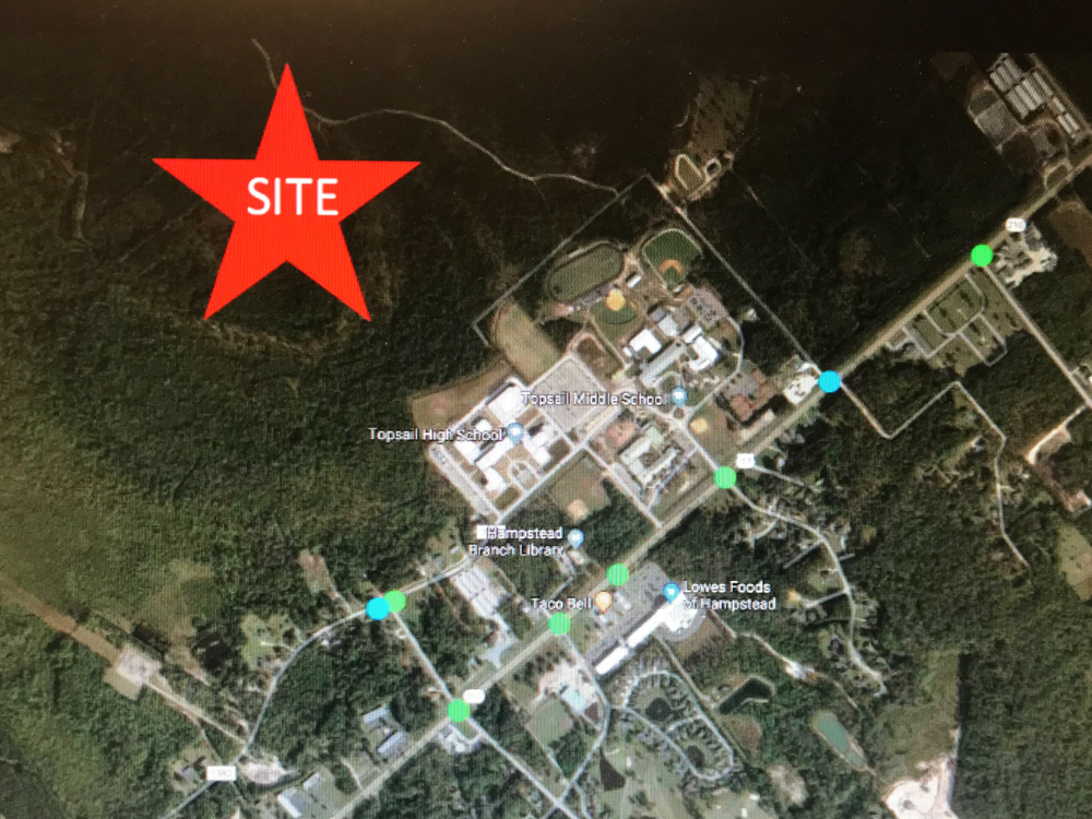 A vicinity map of the proposed Preserve mixed-use development on land northwest of Topsail High School in Hampstead. (Port City Daily photo/Courtesy Davenport Transportation Consultants)