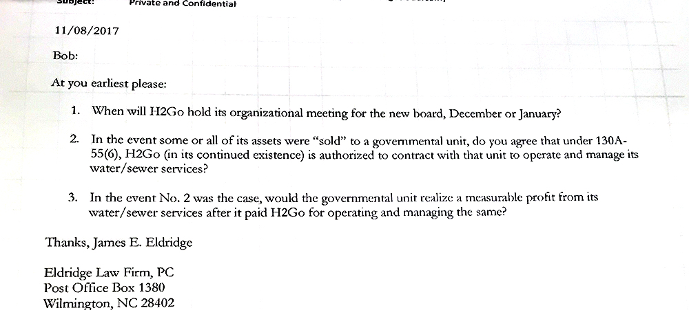 One of many emails presented before the court Thursday. Use of the term "profit" in bullet item three was "unfortunate" in this email sent the day following the November 7, 2017 election, according to James Eldrige's testimony, obtained by Leland's attorney Joseph Dowdy. Note: This particular email was the only email previously entered into the court record prior to Thursday's hearing, in which dozens more were released. (Port City Daily photo/Johanna Ferebee)