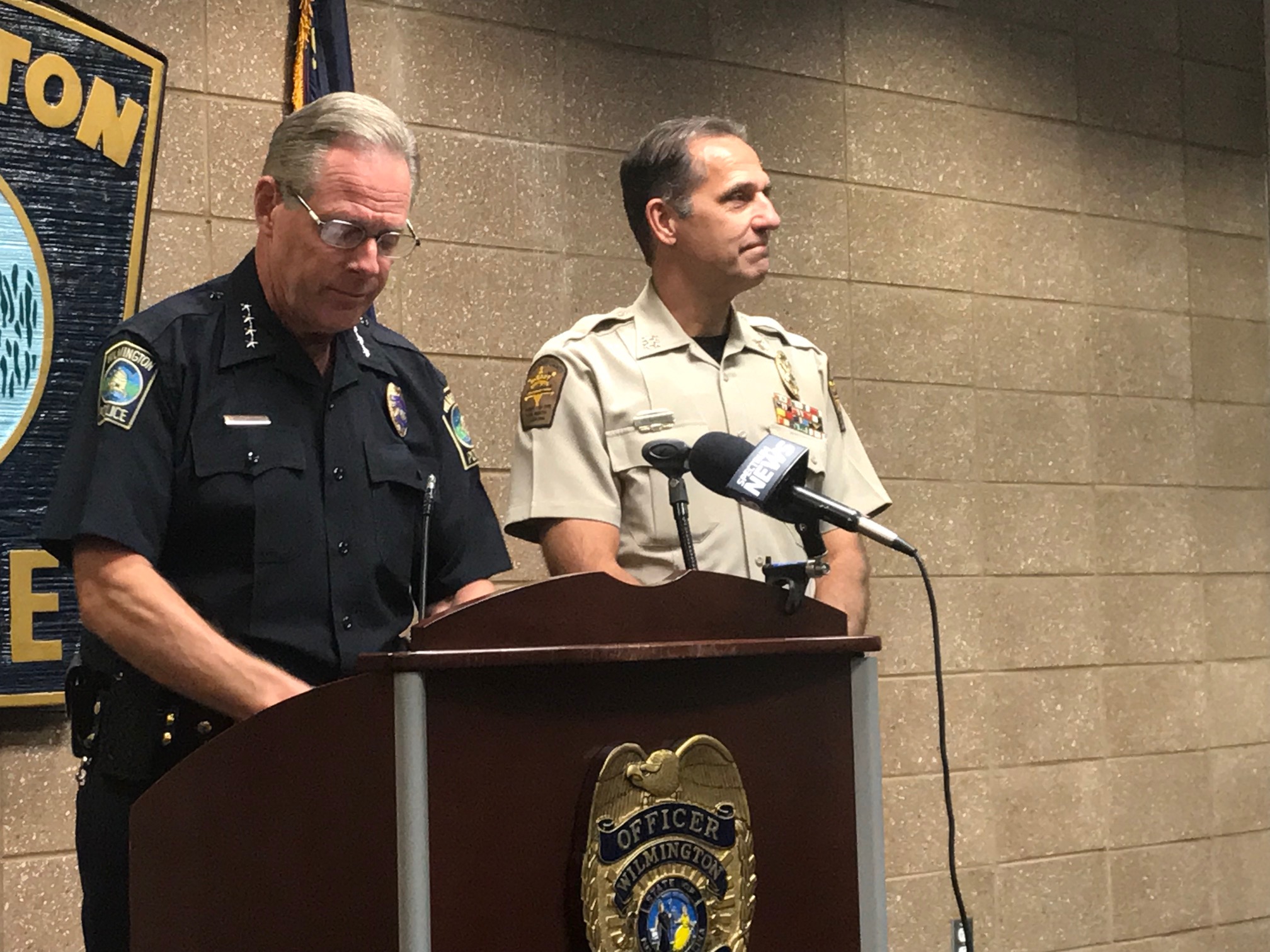 Rom left: Wilmington Police Chief Ralph Evangelous and New Hanover County Sheriff Ed McMahon announced that the county would take over the police crime lab, effective as soon as July. (Port City Daily photo / Benjamin Schachtman)