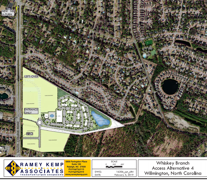 The proposed re-zoning and SUP would allow 324 apartment units -- half one-bedroom, half two-bedroom -- on South College Road between 17th Street and the Monkey Junction intersection with Carolina Beach Road. (Port City Daily photo / New Hanover County Planning Department)