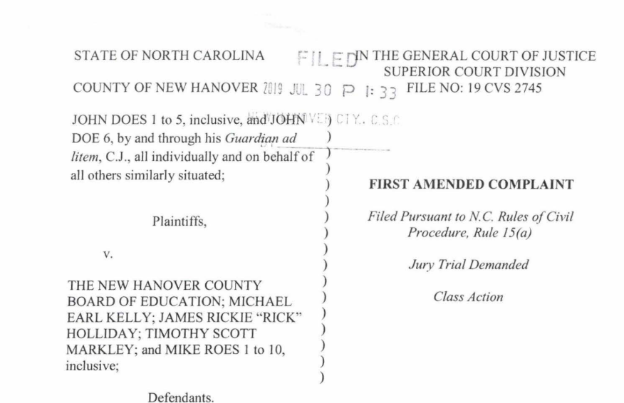 One week after the initial complaint, lawyers have added three additional plaintiff to their suit against Michael Earl Kelly, the school board, and school leadership. (Port City Daily photo / New Hanover County Superior Court)