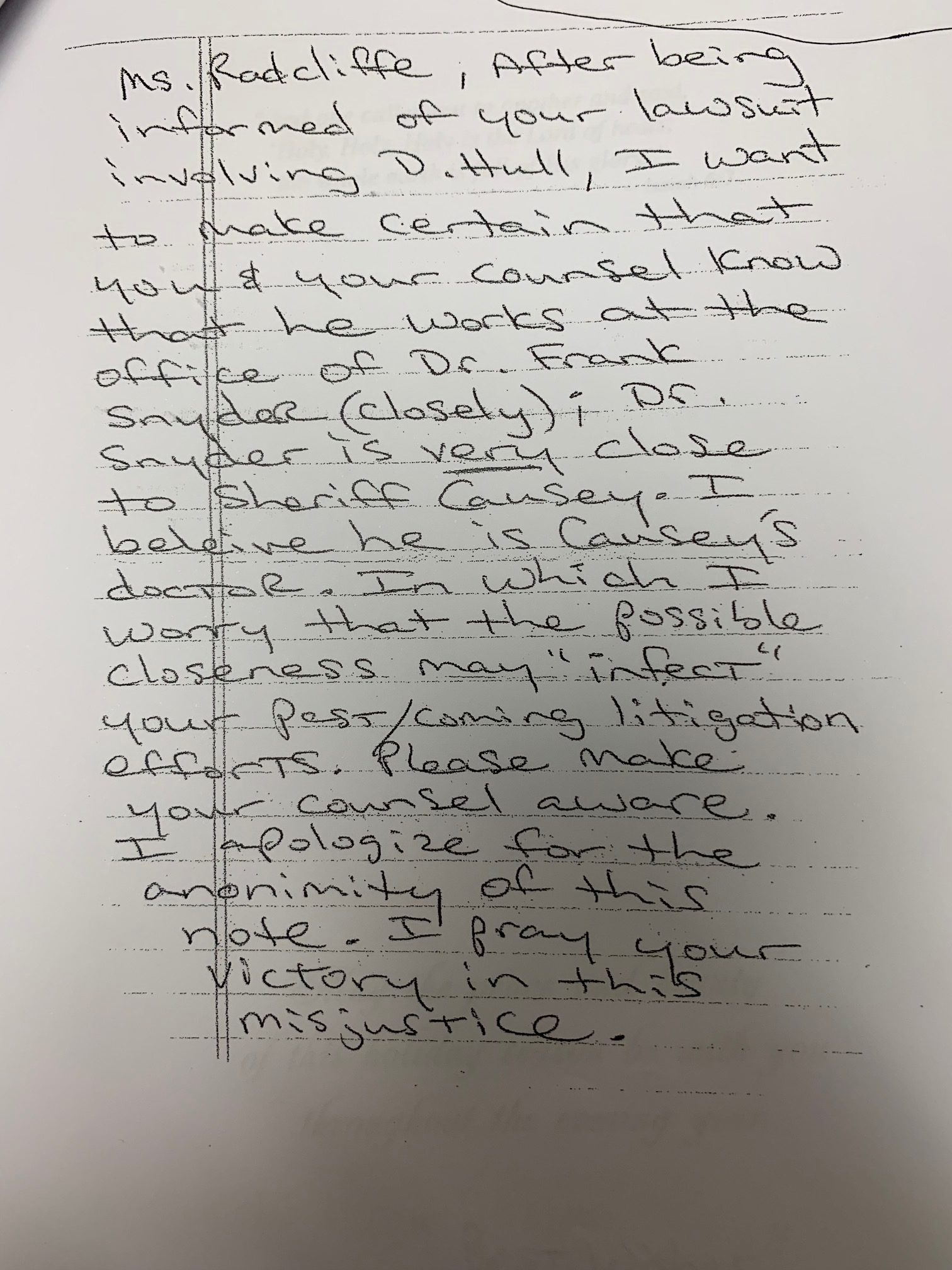An anonymous letter received by Virginia Radcliffe in late 2006. (Port City Daily photo / FIle)