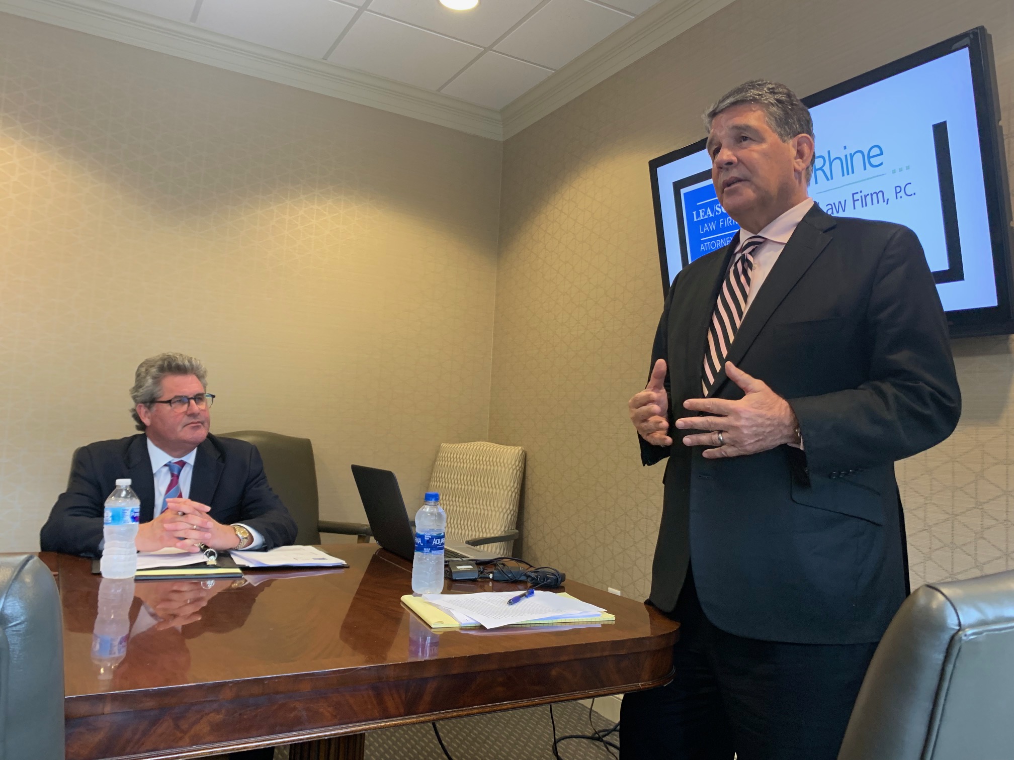 Attorneys Joel Rhine (left) and Jim Lea are representing victims of Micheal Earl Kelly in requesting a class-action lawsuit against the New Hanover County School district. (Port City Daily photo / Benjamin Schachtman)