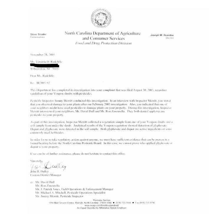 Letter from NCAG confirming test results on Virginia Radcliffe's plants. (Port City Daily photo / File)