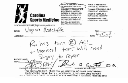 During the alleged assault, Virginia Radcliffe's ACL is torn, requiring reconstructive surgery. (Port City Daily / File)