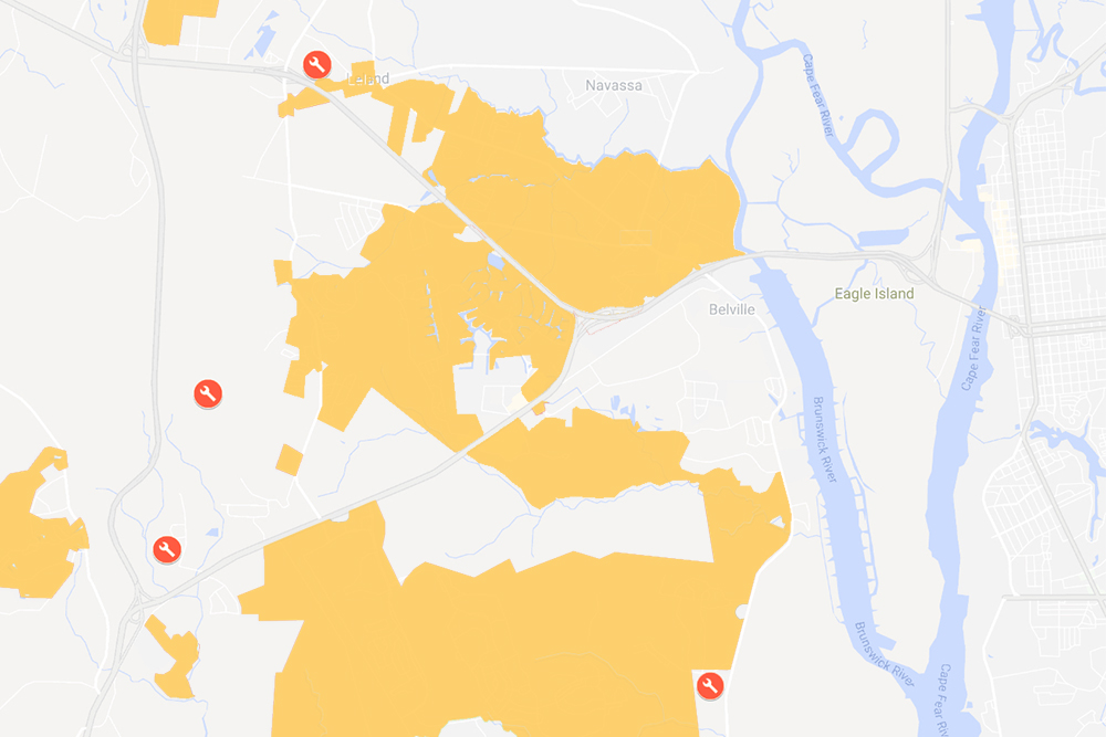 Planned projects outside of Leland town limits have all applied for utility extensions or service this summer. (Port City Daily graphic/Johanna Ferebee, Courtesy Google Maps)