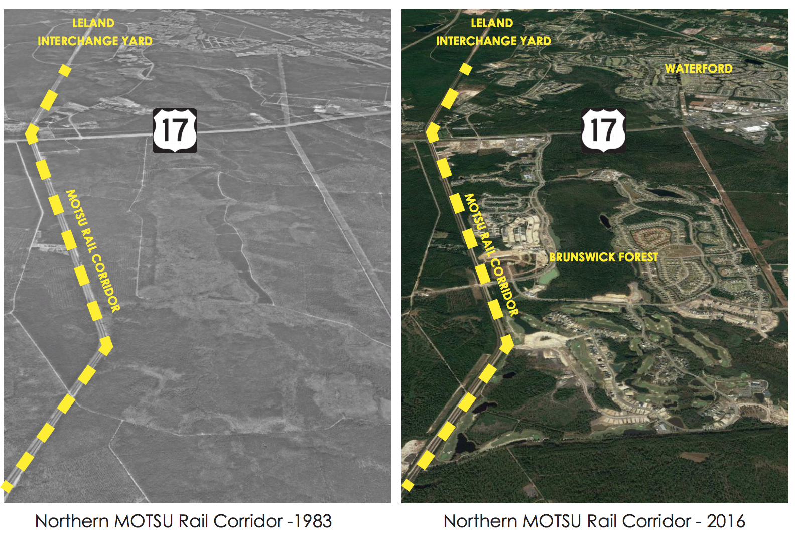 "The map in Figure 3.3 reveals that the most significant areas of concentrated urban growth in the study area have occurred along the northern end of the rail corridor and the Leland Interchange," the JLUS states. (Port City Daily graphic/Courtesy Cape Fear Council of Governments)