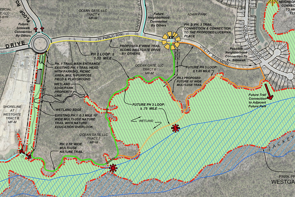 Owners of WG TRACT 5 and 6, located east of the West Gate Nature Park, are suing Leland for allegedly restricting their property rights by requiring property be set aside for public use. (Port City Daily/Courtesy Town of Leland)
