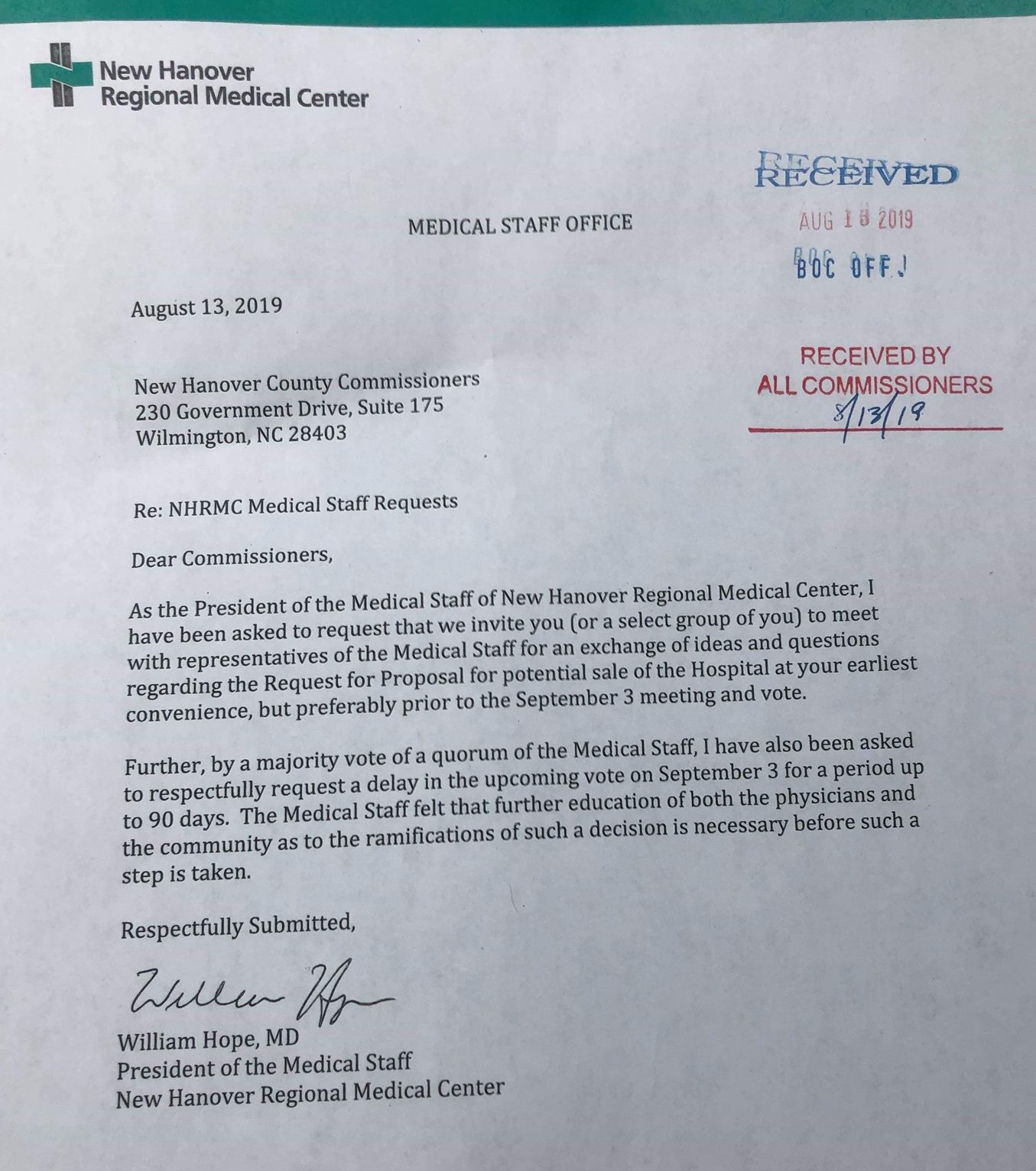 A letter on behalf of NHRMC hospital staff to county commissioners. (Port City Daily photo / File)