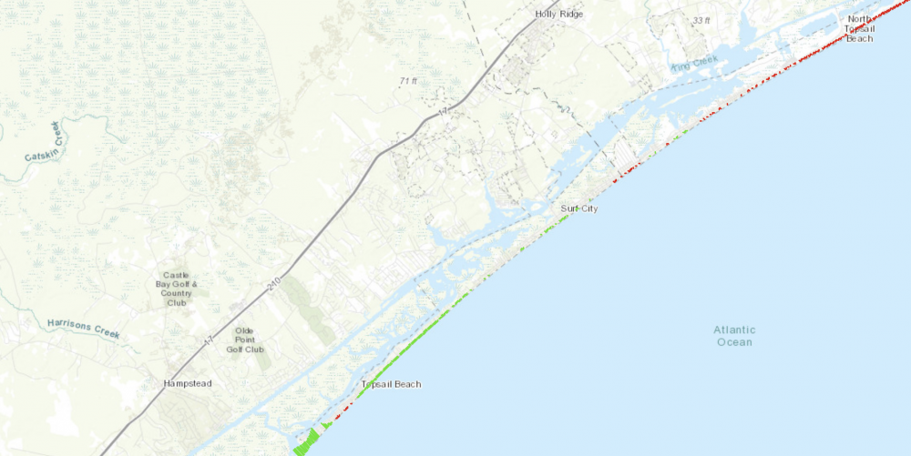 An NC Division of Coastal Management map illustrates 2019 erosion rates on Topsail Island. Much of the southern end has seen accretion (marked in green) while much of the northern end has seen erosion (marked in red). (Port City Daily photo/Courtesy NC Division of Coastal Management)