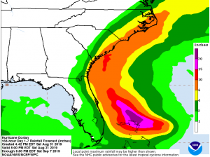 Potential rainfall for the area according to NOAA's early predictions (Port City Daily/NOAA)