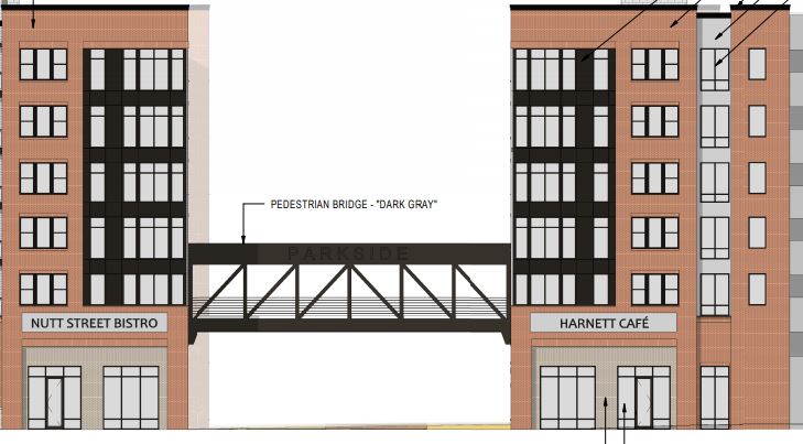 The project's sky bridge and two of its three retail locations. (Port City Daily photo / City of Wilmington)