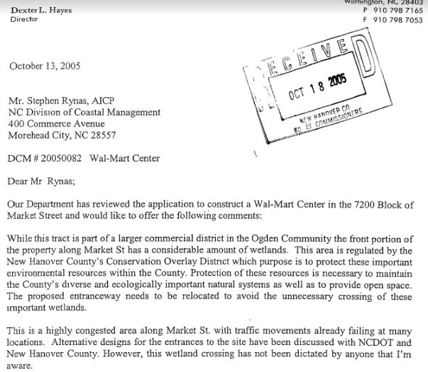 A 2005 letter from the New Hanover County planning director to the Army Corps of Engineers. (Port City Daily photo / NHC)