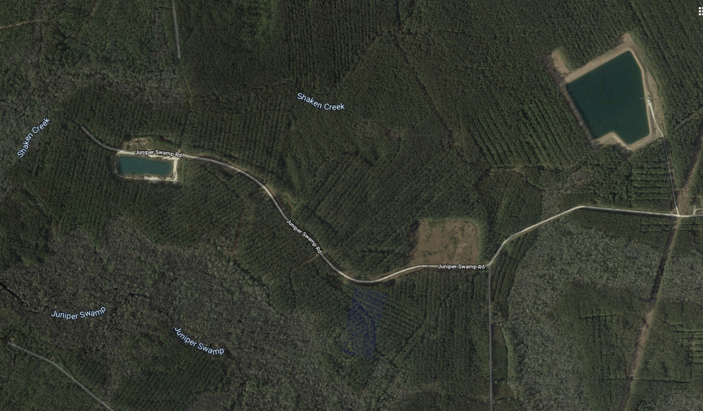Only a fraction of the 2,200 acres of Juniper Swamp can be used by Surf City for the disposal of treated wastewater. (Image courtesy Google Earth)