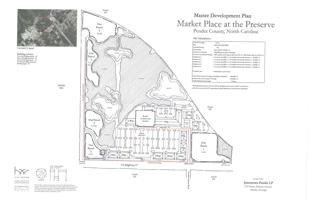 A master development plan for the proposed Market Place at the Preserve project was tabled indefinitely. "At this point that project is, for lack of a better term, stuck where it is at this point," Pender County's interim planning director, Travis Henley, told the Planning Board on Monday. (Courtesy Pender County Planning Department)