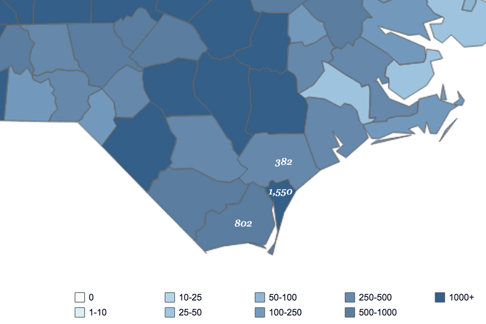 Case counts are rising in the Cape Fear region, with positive cases growing by about 50% in Brunswick and New Hanover County since the beginning of the month. (Port City Daily screenshot/NCDHHS, edited by PCD)