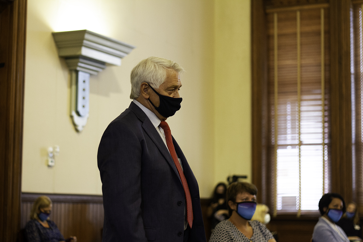 Senator Harper Peterson prepares to address New Hanover County Commissioners ahead of the last public hearing Monday before the final vote to sell New Hanover Regional Medical Center. (Port City Daily photo/Johanna F. Still)