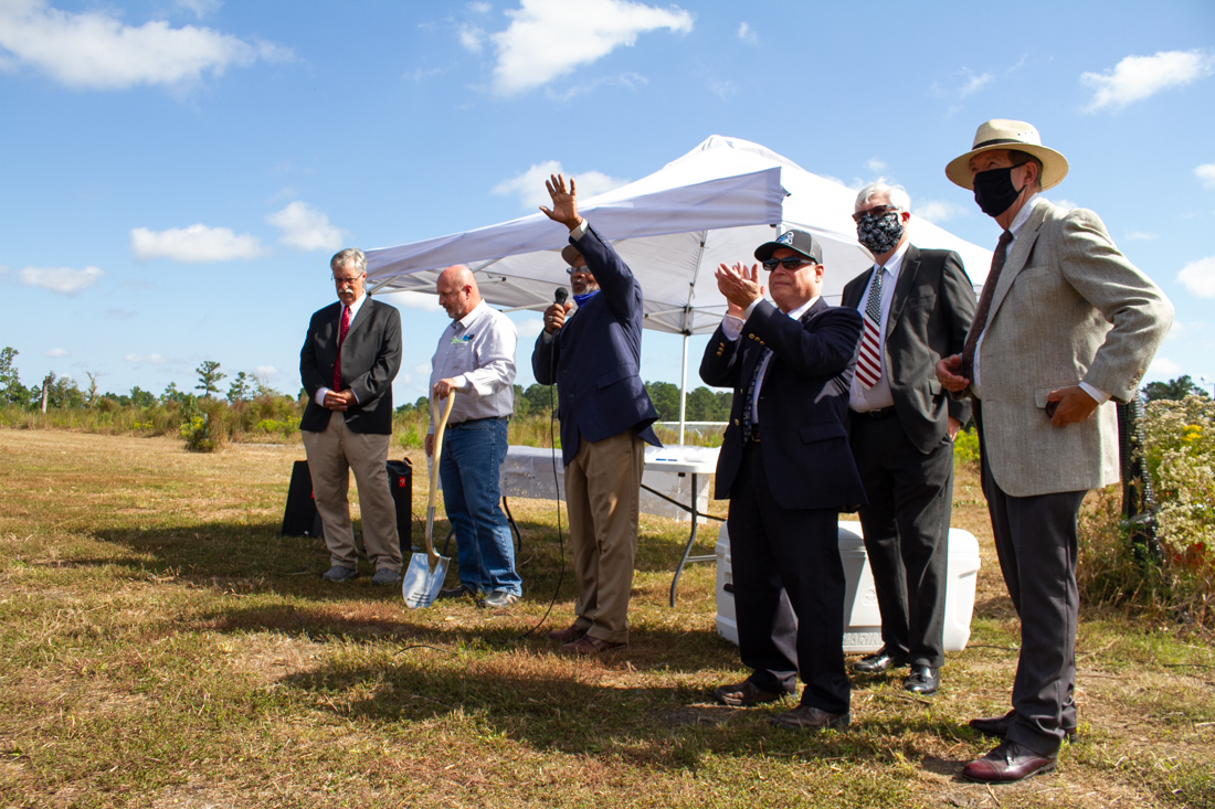 Brunswick Regional Water and Sewer H2GO Commissioners and director look to the crowd at the utility's groundbreaking ceremony in Belville. (Port City Daily photo/Johanna F. Still)