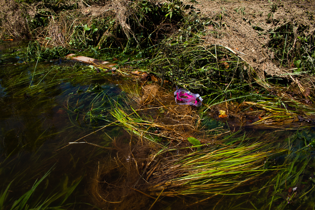 A pair of goggles rests in matted debris on SE 52nd Street. (Port City Daily photo/Johanna F. Still)